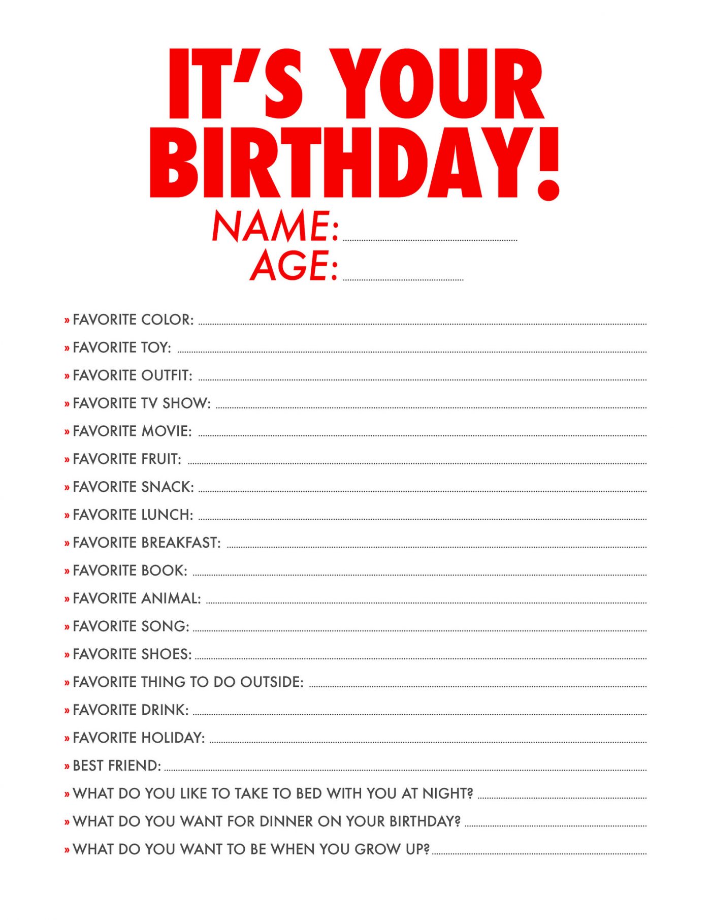 Free Printable: Birthday Questions for Kids • Little Gold Pixel