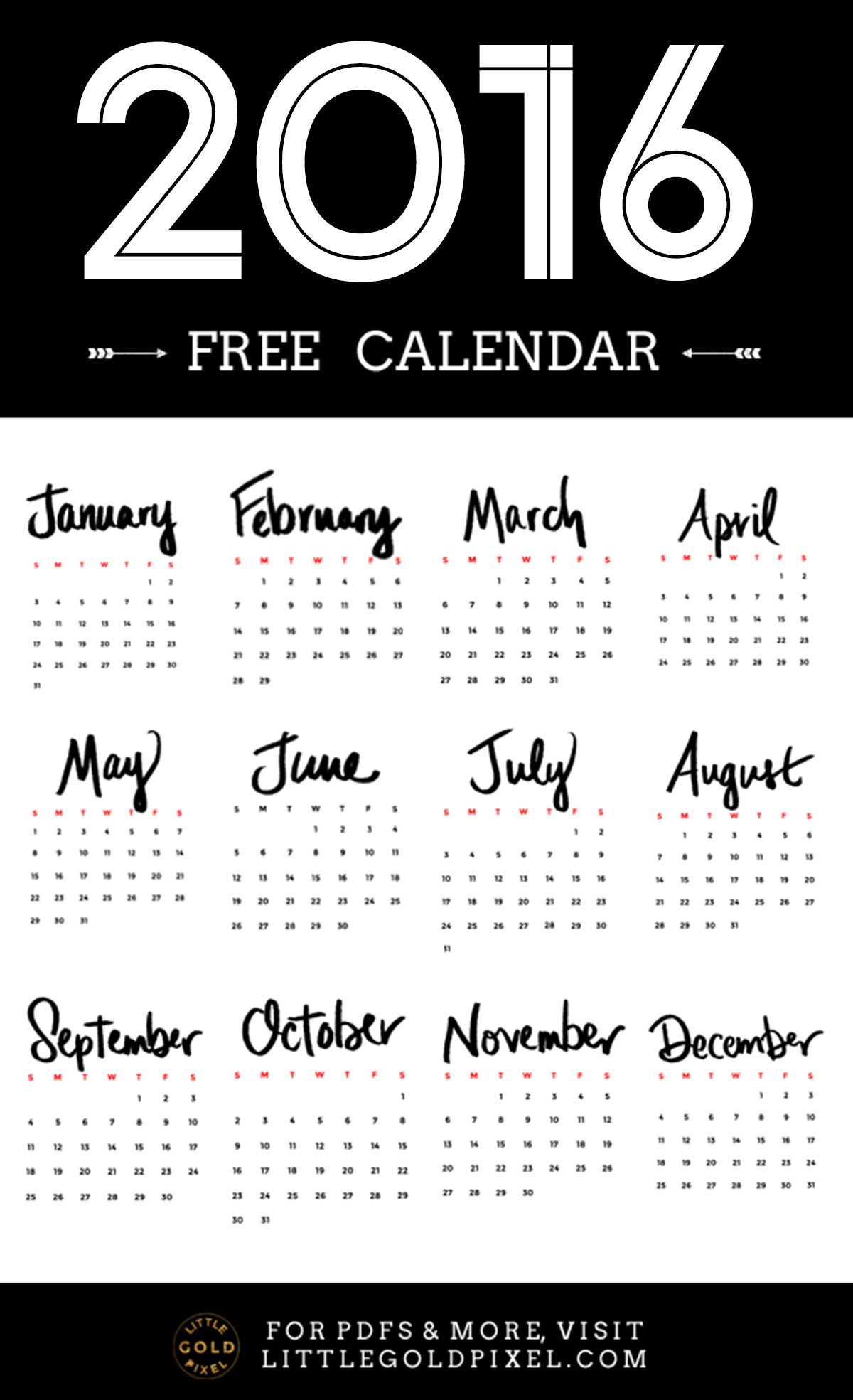 Free Minimalist 2016 Printable Calendar • Little Gold Pixel