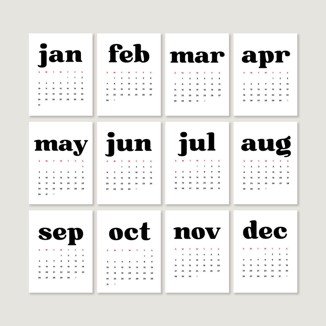 Little Gold Pixel • Free Printable 2021 Calendar • Download and print today! • Picture shows a preview of each of the twelve months of 2021
