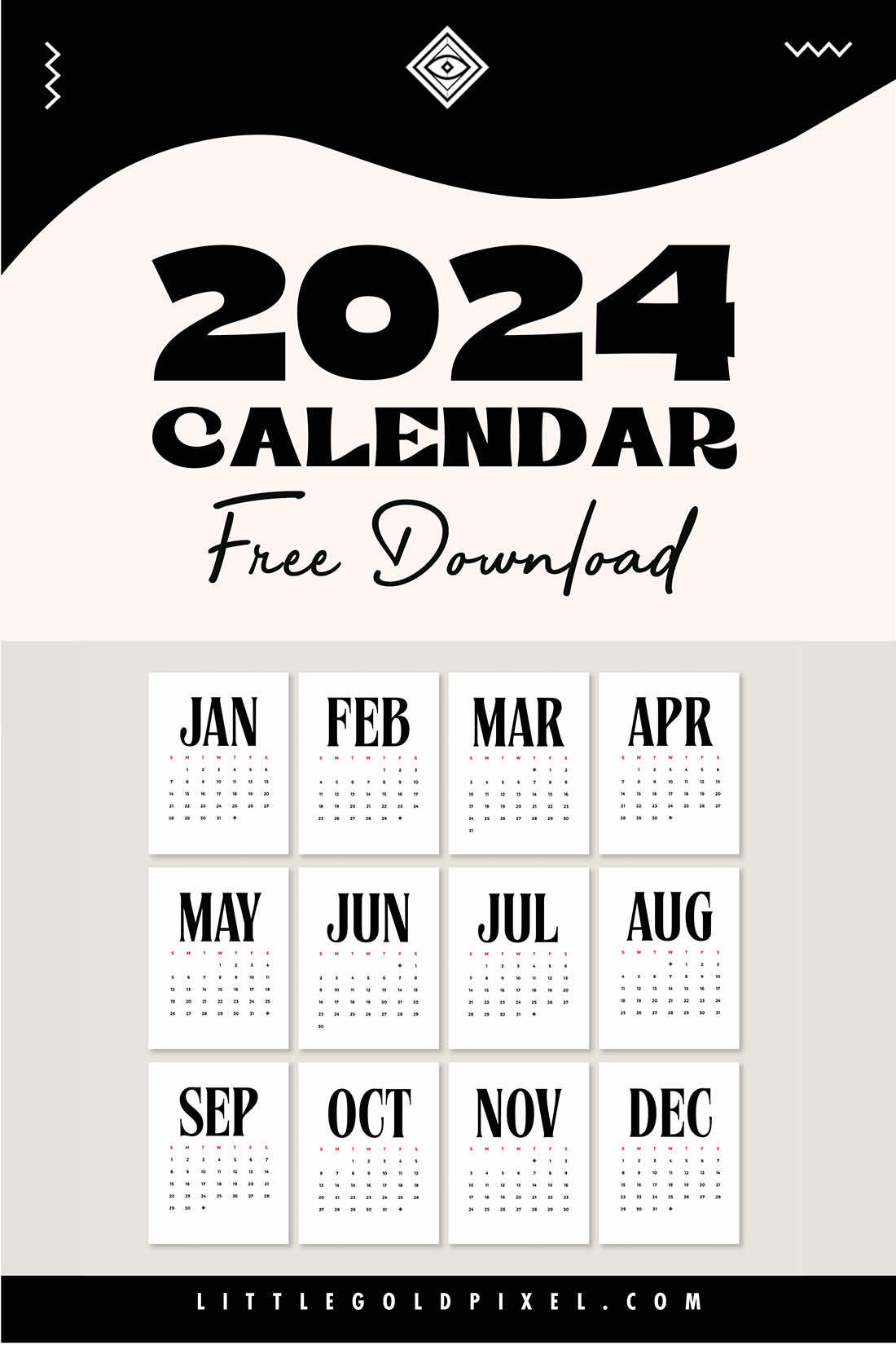 Free 2024 Minimalist Calendar Printable • Little Gold Pixel