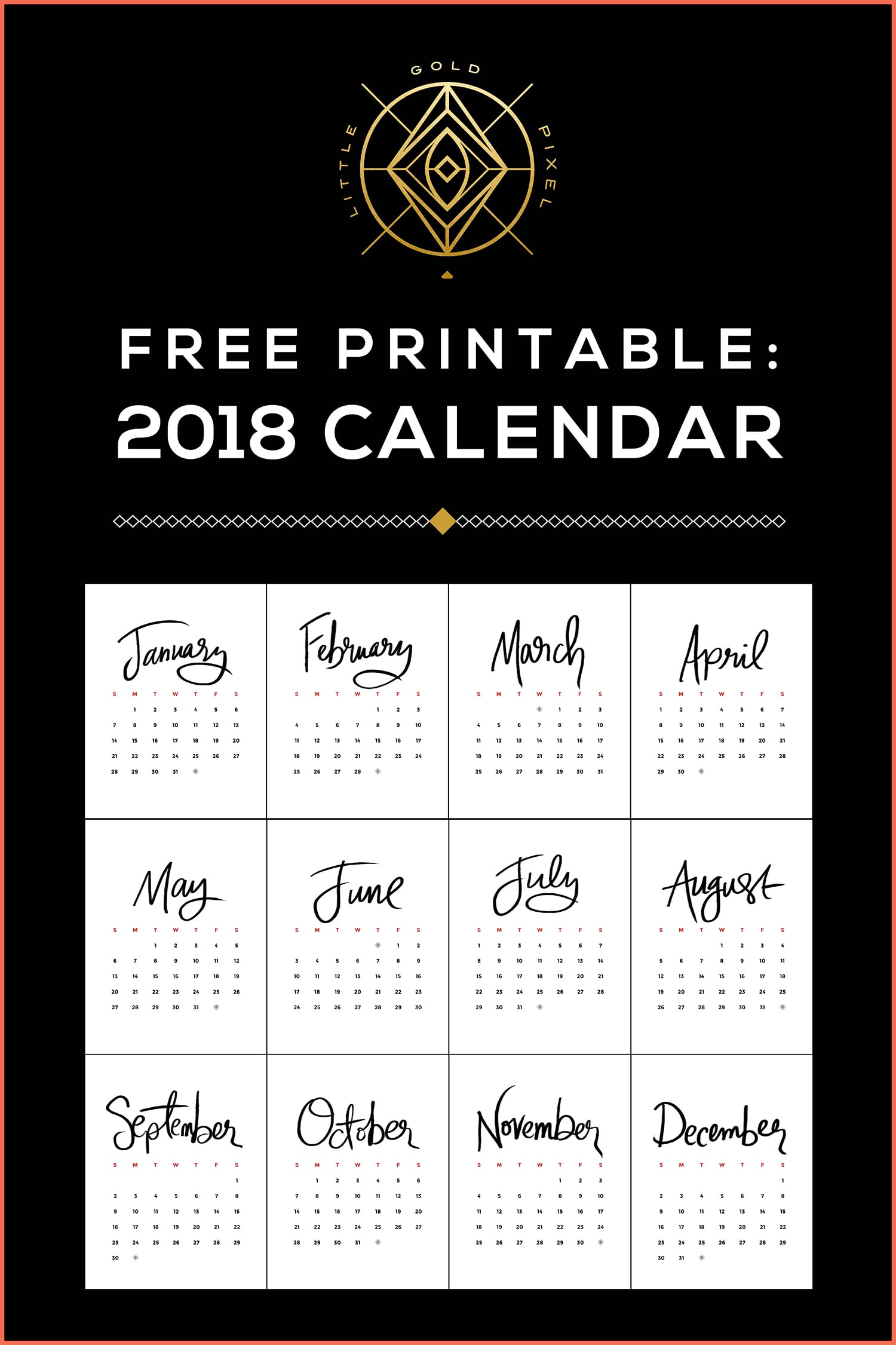 Free Printable 2018 Calendar • Little Gold Pixel