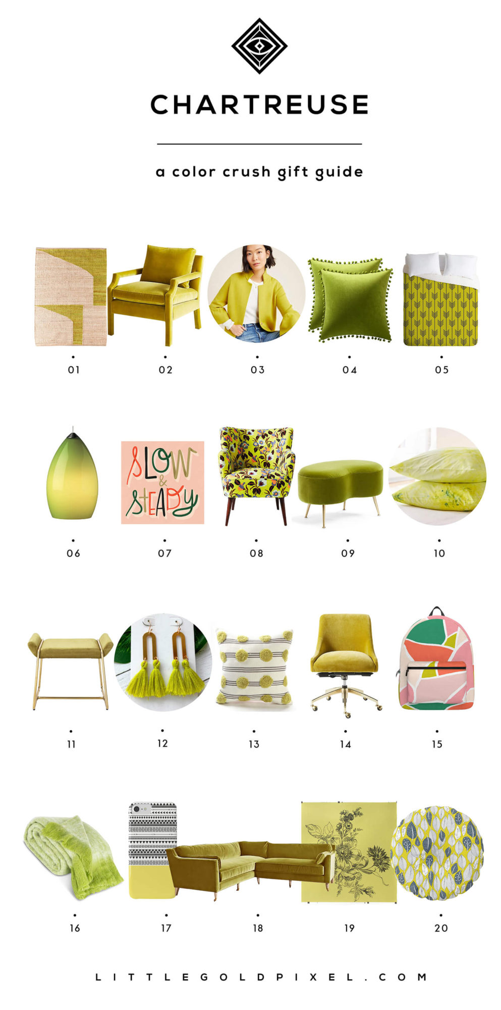 Color Crush: CHARTREUSE • Little Gold Pixel • What's the deal with chartreuse? I dissect the chartreuse color trend, give you 20 ways to rock the hue and a color palette to help you shop!
#chartreuse #homedecor #trends #colortrend #colors #colorpalette #coloroftheyear