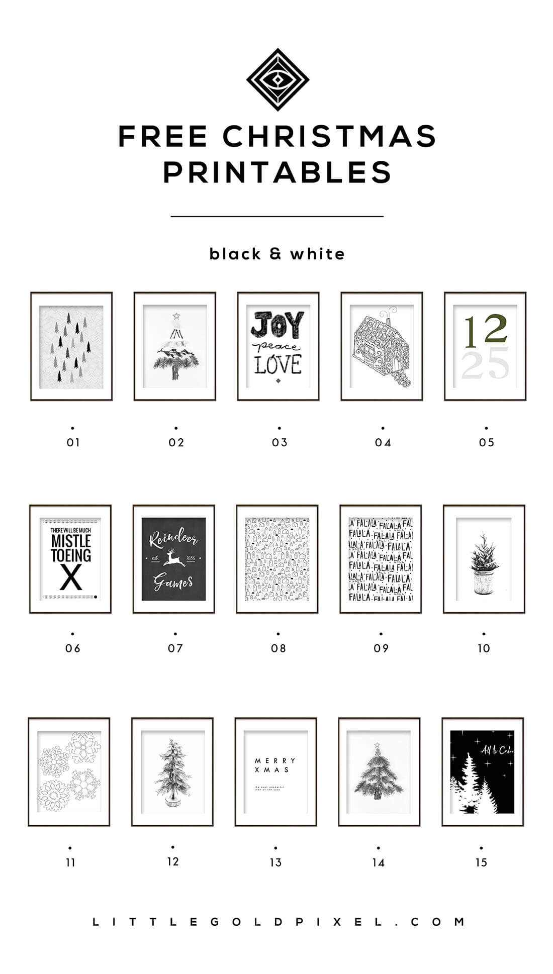 15 Free Christmas Printables • B&W Holiday Roundup • Little Gold Pixel • In which I round up 15 free Christmas printables from my fave bloggers for those of us who like B&W holiday decor. Consider this my last-minute gift to you! #freebies #freeprintables #freeholidayprintables #freechristmasart