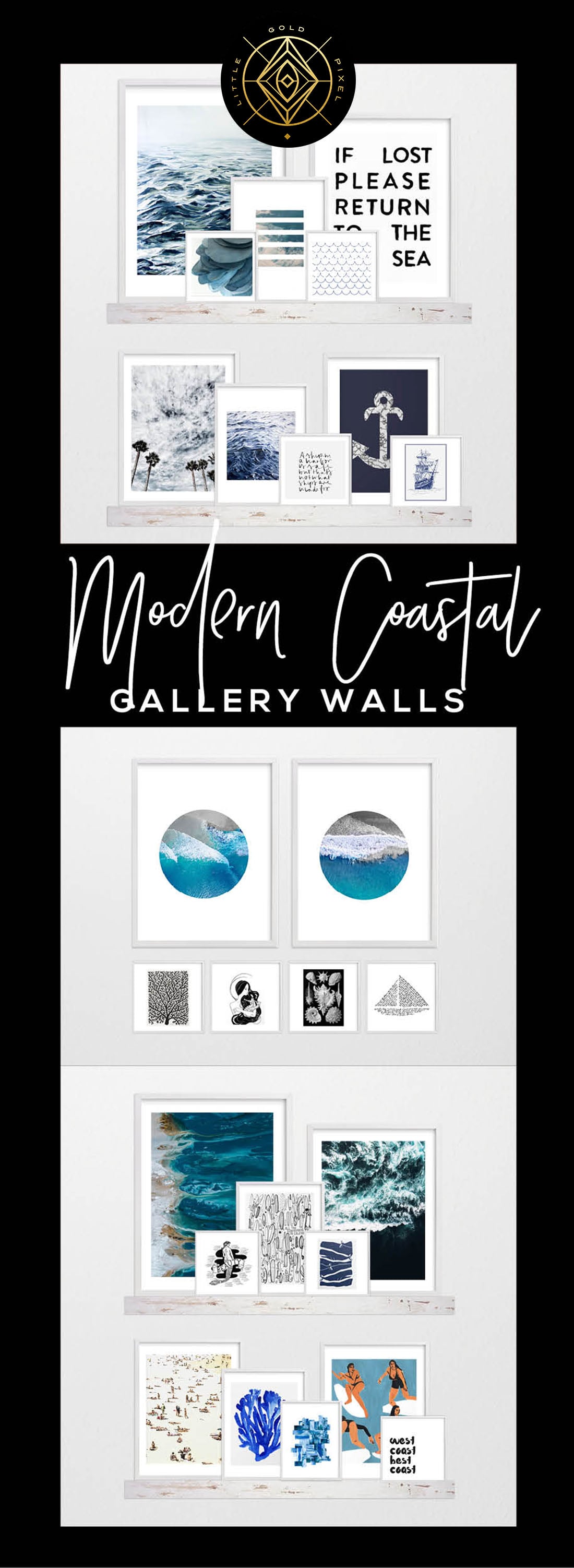 How to Create a Modern Coastal Gallery Wall • Little Gold Pixel • You have the Modern Coastal decor, but what about the coastal gallery wall? Click through for a detailed style guide and gallery wall examples!