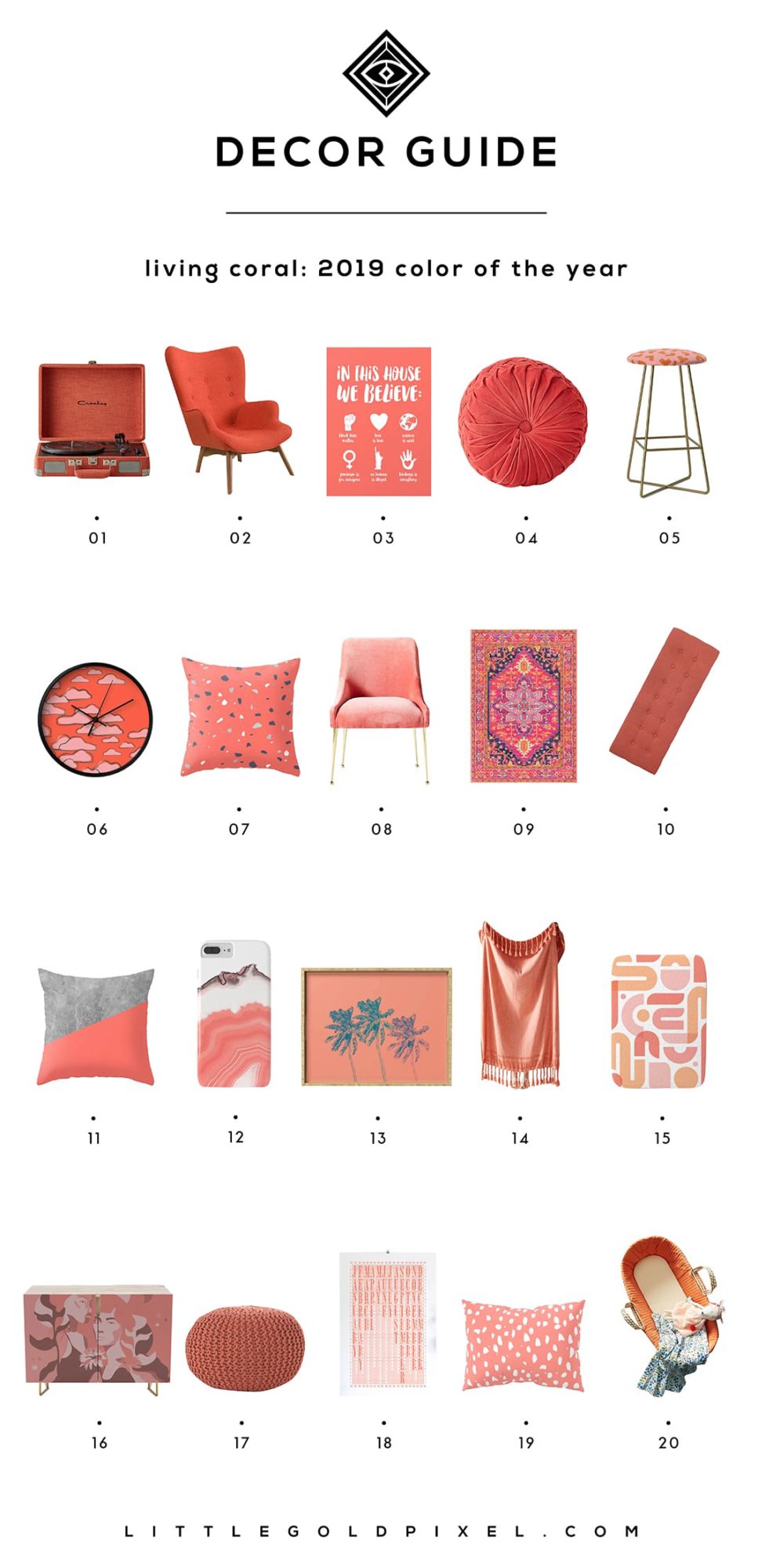 20 Ways to Decorate with Living Coral • Living Coral Decor • Little Gold Pixel • In which I round up a Living Coral decor guide, all of which feature the trendy 2019 Pantone color of the year in 20 must-have items.