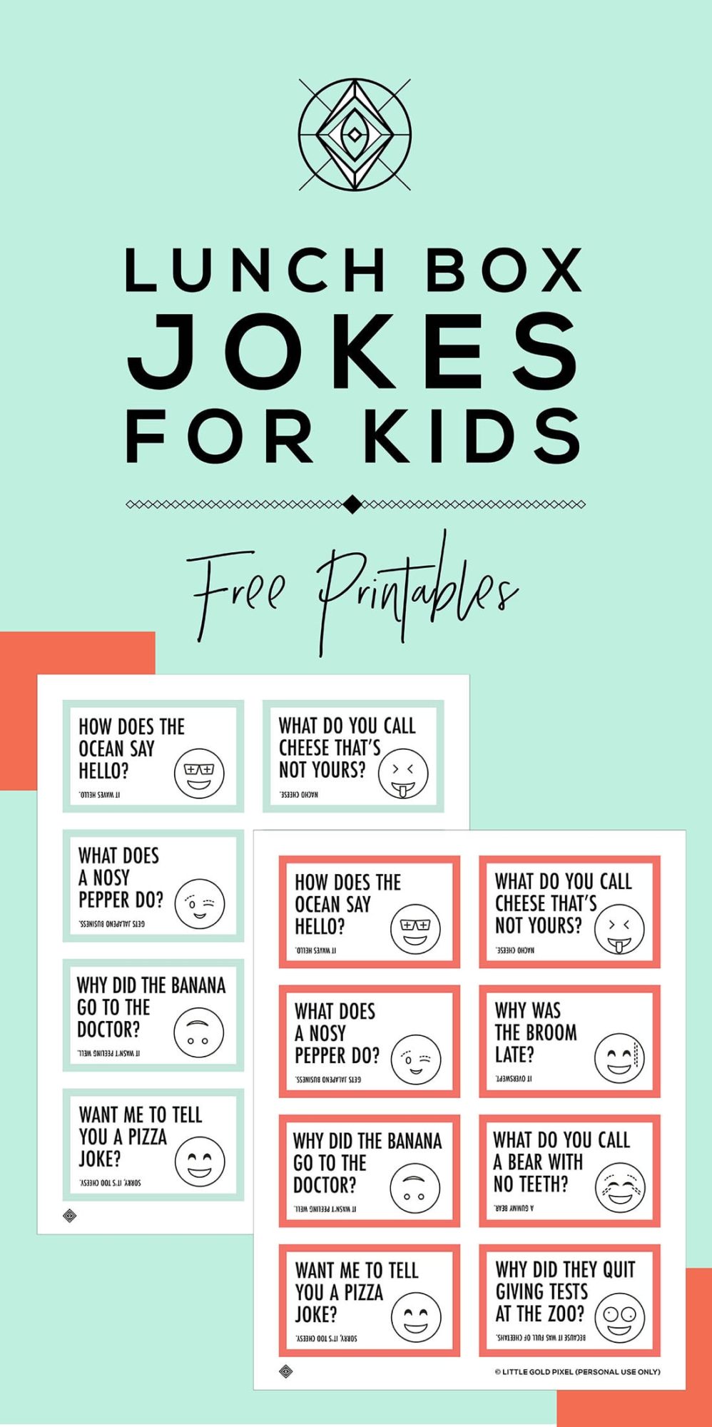 Free Lunch Box Jokes for Kids • Free Printables • Little Gold Pixel • In which I share free lunch box jokes for kids that you can download, print and cut out. Give your kid the gift of a giggle during their school lunchtime.
#freeprintables #freelunchboxjokes #lunchboxnotes #lunchnotes #lunchjokes #kidsjokes